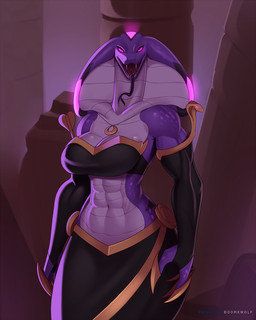 abs apode breasts claws cleavage clothed clothing fangs female forked_tongue glowing glowing_eyes legless looking_at_viewer muscular muscular_female non-mammal_breasts open_mouth purple_body purple_skin serpentine solo teeth tongue tongue_out topwear doomthewolf faarah draconcopode naga reptile scalie snake 2020 digital_media_(artwork)