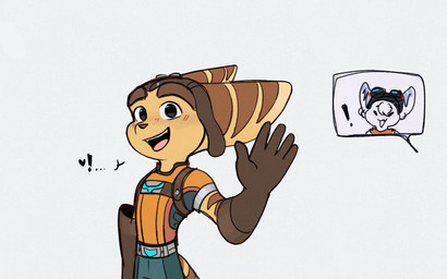 anthro blush clothed clothed_female clothed_male clothing duo exclamation_point eyewear eyewear_on_head female fur gesture gloves goggles goggles_on_head handwear heart_symbol male open_mouth tail waving yellow_body yellow_fur time_fluffy500 ratchet_and_clank sony_corporation sony_interactive_entertainment ratchet_(ratchet_and_clank) rivet_(ratchet_and_clank) lombax mammal 16:10 comic widescreen