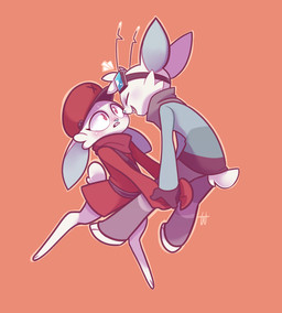 ambiguous_gender anthro clothed clothing duo eyes_closed eyewear floating fully_clothed goggles hand_holding hat headgear headwear simple_background smile toony young marshmallowfury lagomorph leporid mammal rabbit 2015 character_request digital_drawing_(artwork) digital_media_(artwork) hi_res