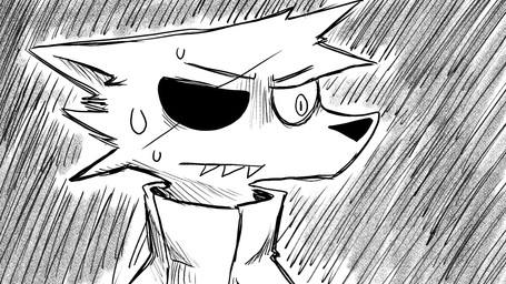 anthro apprehensive bodily_fluids clothing eye_patch eyewear male military_uniform sharp_teeth solo sweat teeth uniform dragonweirdo canid canine canis kimera mammal wolf 16:9 comic hi_res monochrome widescreen
