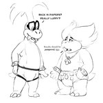 ageplay anthro bracelet clothed clothing diaper eyewear glasses half-closed_eyes infantilism jewelry male narrowed_eyes pacifier roleplay simple_background spiked_bracelet spikes teeth text topless underwear wearing_diaper white_background dinopalcooper mario_bros nintendo iggy_koopa koopaling ludwig_von_koopa koopa scalie 1:1 2019 black_and_white digital_media_(artwork) english_text hi_res monochrome brother_(lore) brothers_(lore) sibling_(lore)