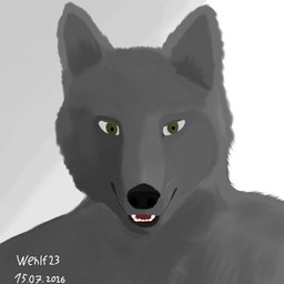 anthro black_nose fur green_eyes grey_body grey_fur looking_at_viewer male solo wehlf23 canid canine canis mammal wolf hi_res