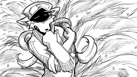 anthro clothing crossed_arms eyes_closed feathers hat headgear headwear male military_cap military_uniform pose scarf sharp_teeth solo sparkles teeth uniform dragonweirdo kimera_(dragonweirdo) canid canine mammal 16:9 hi_res monochrome widescreen