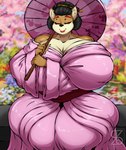 anthro asian_clothing big_breasts black_hair breasts cherry_blossom cleavage clothed clothing east_asian_clothing eyes_closed female flower geisha hair huge_breasts japanese_clothing kimono plant prunus_(flower) solo umbrella wide_hips superix canid canine canis domestic_dog humanoid mammal shiba_inu spitz 2023 hi_res