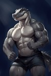 2024 abs alleybleakcat alligator alligatorid anthro barazoku biceps big_muscles biped black_body black_scales bulge clothed clothing crocodilian green_eyes hi_res looking_at_viewer male muscular muscular_anthro muscular_male pecs reptile scales scalie solo topless topless_anthro topless_male underwear underwear_only vein veiny_muscles white_body white_scales