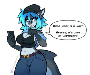 5_fingers anthro beanie belt blue_bottomwear blue_clothing blue_eyes blue_hair blue_jeans blue_pants blue_shirt blue_topwear bottomwear breasts cellphone clothed clothed_anthro clothed_female clothing clothing_lift denim denim_bottomwear denim_clothing dialogue ear_piercing electronics eyebrows eyelashes female female_anthro fin fin_piercing fingers furgonomic_piercing furgonomics hair hat headgear headwear holding_cellphone holding_object holding_phone holding_smartphone jeans non-mammal_breasts pants phone piercing sharp_teeth shirt shirt_lift simple_background smartphone solo speech_bubble teeth text topwear undershirt white_background ambris bra_strap_showing_(meme) erika_(ambris) aquatic fish shark 2026 english_text hi_res meme url