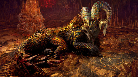 cave claws crossed_legs detailed_background female feral gesture gold_(metal) hand_gesture heart_symbol horizontal_pupils horn inside looking_at_viewer lying lying_on_ground on_ground on_side open_mouth pointing pupils scales sitting slit_pupils solo spiked_tail spikes spikes_(anatomy) tail teeth yellow_eyes ivorylagiacrus capcom monster_hunter elder_dragon kulve_taroth scalie 16:9 2022 3d_(artwork) 4k absurd_res digital_media_(artwork) hi_res widescreen