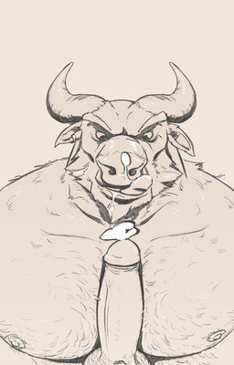 anthro balls bodily_fluids body_hair chest_hair cum cum_on_chest cum_on_face duo erection first_person_view genital_fluids genitals hairy horn human_pov humanoid_genitalia humanoid_penis male male/male male_pov muscular muscular_male nipples pecjob pecs penis sex snout tongue charcoal_inpachi bovid bovine human mammal absurd_res hi_res