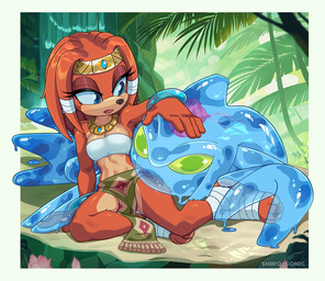anthro blue_body bottomwear breasts clothed clothing detailed_background duo feet female forest fur hair loincloth open_mouth orange_body outside plant sitting toes topwear tree water waterfall shiro_sonic sega sonic_adventure sonic_the_hedgehog_(series) chaos_(sonic) tikal_the_echidna echidna elemental_creature mammal monotreme water_creature digital_media_(artwork) hi_res