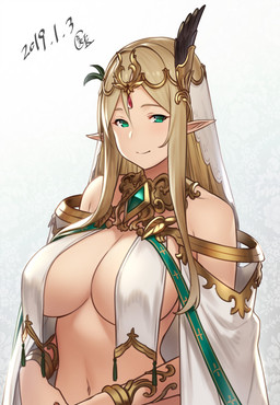 big_breasts blonde_hair bracelet breast_curtains breasts circlet cleavage clothed clothing ear_piercing ear_ring emerald_(gem) eyebrows female gem gold_(metal) green_eyes hair huge_breasts humanoid_pointy_ears jewelry light_body light_skin long_hair looking_at_viewer navel nipple_outline not_furry pale_skin piercing pointy_ears ring_piercing ruby_(gem) simple_background skimpy small_waist smile solo houtengeki lily_(houtengeki) elf humanoid mammal 2019 half-length_portrait hi_res portrait
