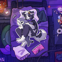 anthro bared_fangs bed biped black_body black_fur collar collar_only cute_fangs eyes_closed fangs floppy_ears flower_on_head fur furniture hug hugging_object hugging_plushie male nude on_bed pillow plushie purple_collar solo teeth white_body white_fur white_pillow iceblueberrytea ambient_among_us border_collie canid canine canis collie domestic_dog herding_dog mammal pastoral_dog sheepdog 1:1 2025 hi_res