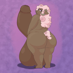 anthro balls bedroom_eyes big_balls big_butt big_penis brown_body brown_fur butt curved_horn fur genitals gynomorph hair horn huge_balls huge_butt huge_penis hyper hyper_balls hyper_genitalia hyper_penis intersex looking_at_viewer looking_back looking_back_at_viewer narrowed_eyes overweight overweight_anthro overweight_gynomorph overweight_intersex penis pink_body pink_fur pink_hair pink_tail_tuft pink_wool purple_eyes seductive simple_background solo tail tail_tuft thick_thighs tuft wool_(fur) crispymutton bovid caprine mammal sheep 1:1 hi_res trans_(lore) trans_woman_(lore)