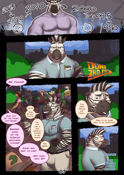 5_panel_comic anthro belt bicycle black_stripes blush bottomwear clothed clothing collared_shirt color_coded color_coded_speech_bubble dialogue dress_shirt eyewear female flashback front_view glasses group half-moon_glasses male mane name_in_dialogue nervous offscreen_character outside page_number pants pen_in_pocket riding_bike shaking shirt speech_bubble stripes text tight_clothing tight_shirt tight_topwear topwear vehicle white_body year azathura back_to_the_future game_boy game_boy_family nintendo background_character thayne_(azathura) anatid anseriform avian bird canid canine canis duck equid equine horse mammal monotreme platypus wolf zebra comic english_text hi_res multiple_scenes