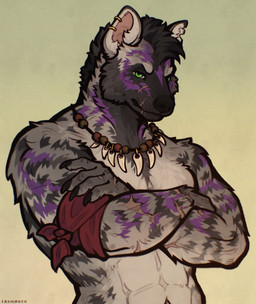accessories_only anthro beads black_body black_fur claws ear_piercing ear_scar facial_scar fangs fur gradient_background green_eyes grey_body grey_fur hand_scar jewelry male markings muscular muscular_male necklace necklace_only nude nude_anthro nude_male piercing purple_markings red_bandana scar simple_background solo striped_markings stripes teeth white_body white_fur tashiroth dungeons_and_dragons hasbro wizards_of_the_coast gnoll hyena mammal striped_hyena half-length_portrait hi_res portrait