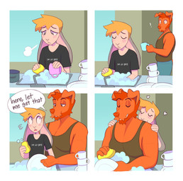 4_panel_comic anthro blonde_hair cheek_tuft chin_tuft clothing dialogue duo eyes_closed facial_tuft floppy_ears fur grey_hair hair half-closed_eyes heart_symbol male multicolored_body multicolored_fur muscle_tone musclegut muscular muscular_anthro muscular_male narrowed_eyes orange_body orange_fur orange_hair pecs shirt smile speech_bubble sponge t-shirt tan_body tan_fur tank_top text topwear tuft two_tone_body two_tone_fur washing_dishes wide_eyed heresvix bunny_boyfriend dog_boyfriend canid canine canis domestic_dog lagomorph leporid mammal rabbit absurd_res comic english_text hi_res