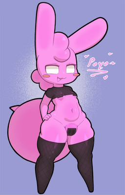 anthro bigtail blue_background blush blush_stickers breasts clothing crop_top female fishnet_clothing fishnet_legwear fishnet_thigh_highs fishnet_topwear glistening glistening_body glistening_eyelids hair hand_on_hip heart_symbol legwear looking_at_viewer narrowed_eyes navel nipple_tape no_pupils open_mouth pasties pink_body pink_hair pussy_tape shirt shortstack shortstack_female simple_background small_breasts solo squish tape text thick_thighs thigh_highs thigh_squish topwear under_boob defunctumbra gelbun goo_creature lagomorph mammal 2025 english_text hi_res