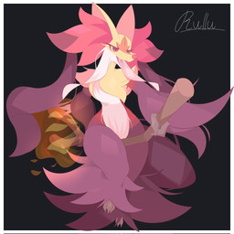 ambiguous_gender anthro black_background black_body black_fur broom broom_riding cleaning_tool facial_markings fire fur head_markings holding_object holding_stick inner_ear_fluff magic_user markings open_mouth open_smile red_body red_eyes red_fur red_nose simple_background smile solo stick tail teeth teeth_showing tongue tuft white_body white_fur witch yellow_body yellow_fur rullu_1507 nintendo pokemon pokemon_legends_z-a generation_9_pokemon mega_delphox mega_evolution pokemon_(species) 1:1 colored hi_res shaded simple_shading