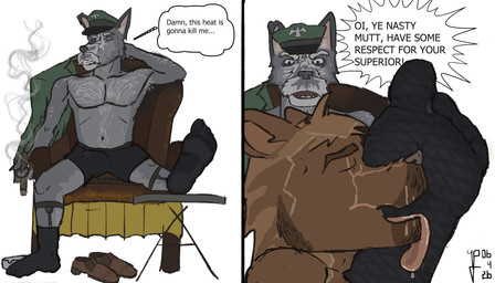 accessory age_difference aged_up angry anthro armchair ashtray authority_figure beard big_mustache black_clothing black_footwear black_socks black_underwear bodily_fluids body_hair bulge chair chest_hair cigar clothed clothing coat daddy_kink detailed_bulge dialogue duo elderly erection erection_under_clothing facial_hair facial_scar feet foot_fetish foot_lick foot_sniffing footwear footwear_only furniture garter garter_belt garter_socks garter_straps genital_outline grey_beard grey_facial_hair hairy hat headgear headwear leather leather_shoes licking male male/male mature_anthro mature_male military military_cap mostly_nude musk musky_armpit musky_feet musky_underwear mustache older_male penis_outline power_play powerplay scar shoulder_hair smoking sniffing socks socks_only sweat sweatdrop text tongue tongue_out topwear translucent translucent_clothing translucent_footwear translucent_socks underwear underwear_only wet wet_clothing phallosola conall_mylchreest_(phallosola) leonard_(phallosola) canid canine canis domestic_dog gulonine hunting_dog irish_wolfhound mammal mustelid musteline sighthound wolfhound wolverine 2026 comic english_text hi_res trans_(lore) trans_man_(lore)