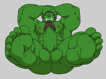5_toes abs balls barefoot biceps big_balls big_muscles big_penis erection fangs feet foot_focus foreskin genitals green_body green_skin grin hair hands_behind_head humanoid_feet humanoid_genitalia humanoid_penis looking_at_viewer lying male muscular muscular_humanoid muscular_male nipples not_furry nude pecs penis plantigrade presenting retracted_foreskin smile solo teeth toes tusks grisser blizzard_entertainment warcraft humanoid orc 4:3