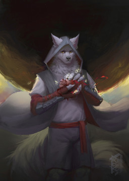 anthro blood blood_on_hand bodily_fluids bottomwear clothed clothing eye_scar facial_scar front_view fur grey_bottomwear grey_clothing grey_nose grey_pants grey_topwear holding_object looking_at_viewer male mouth_closed pants red_clothing red_topwear scar simple_background solo standing topwear unsigned white_body white_fur yellow_eyes awaldkize canid mammal absurd_res hi_res portrait three-quarter_portrait