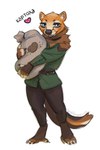 anthro bag blue_eyes bottomwear clothed clothing female food fur heart_symbol holding_bag holding_object orange_body orange_fur pants plant potato solo text vegetable lostgoose mammal mink mustelid musteline true_musteline 2023