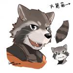 anthro black_nose fangs fur male open_mouth simple_background smile solo teeth text tongue whiskers white_background luwei_(artist) guardians_of_the_galaxy marvel rocket_raccoon mammal procyonid raccoon 1:1 2014 chinese_text