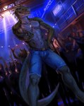 2024 anthro bottomwear clothing concert devil_horns_(gesture) dinosaur dog_tags eleacat gesture group hand_gesture hi_res male navel pants reptile rocco_(tallion) scales scalie sharp_teeth spikes spikes_(anatomy) tail teeth theropod tyrannosaurid tyrannosauroid tyrannosaurus tyrannosaurus_rex
