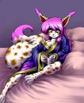 4_toes anthro asian_clothing barefoot bed biped book breasts cleavage clothed clothing east_asian_clothing feet female furniture holding_book holding_object japanese_clothing kimono reading solo spots tail toes abluedeer kiit canid canine fox mammal digital_media_(artwork) hi_res shaded