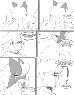anthro bodily_fluids comforting dialogue duo facial_hair facial_scar female hand_on_shoulder looking_back male mask rear_view sad scar talking_to_another tears text spicykiwi nintendo pokemon thomas_(spicykiwi) tulip_(spicykiwi) generation_9_pokemon human mammal meowscarada pokemon_(species) absurd_res comic english_text hi_res monochrome story
