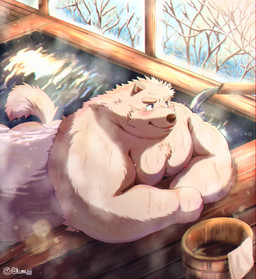 anthro bath bathing blush butt detailed_background humanoid_hands inside kemono male moobs nipples overweight overweight_male solo water kumajjjj canid canine mammal 2022 absurd_res hi_res