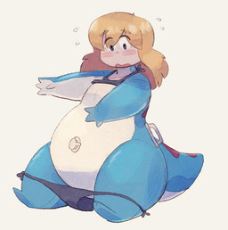 air_valve_navel anthro blonde_hair blue_body blush bodily_fluids featureless_crotch female flying_sweatdrops hair handles_on_hips human_to_anthro inflatable inflatable_transformation nozzle_on_belly partial_transformation pool_toy pooltoy_transformation solo species_transformation sweat sweatdrop transformation white_body dondedun em_(dondedun) animate_inanimate human living_inflatable mammal