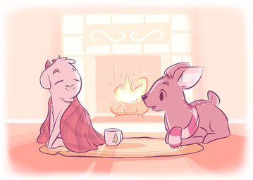 2_horns ambiguous_gender bedding blanket container cup duo feral fireplace horn inner_ear_fluff inside looking_at_another quadruped resting scarf smile tuft itsdanfango ansel_(itsdanfango) olive_(itsdanfango) bovid caprine deer goat mammal 2015 hi_res