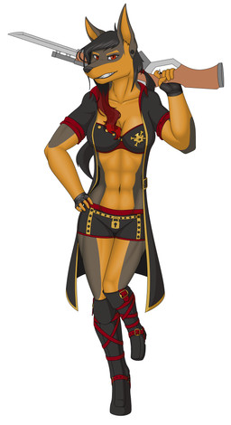 abs anthro bad_trigger_discipline big_breasts black_hair boots bottomwear bra breasts clothing coat cropped_ears female fingerless_gloves footwear fur gloves grey_body grey_fur grin gun hair hand_on_hip handwear highlights_(coloring) lock long_ears long_hair looking_at_viewer muscular muscular_anthro muscular_female orange_body orange_fur pirate ponytail ranged_weapon red_eyes red_highlights shoes shorts simple_background skull_and_crossbones smile solo topwear underwear weapon phrostbite nikki_scottie canid canine canis dobermann domestic_dog mammal pinscher 2016 absurd_res digital_media_(artwork) hi_res