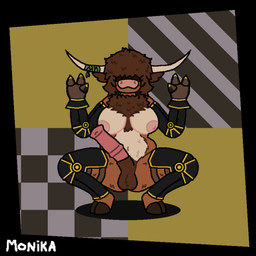 accessory animal_genitalia animal_penis anthro armor balls big_penis breasts brown_body brown_fur chest_tuft cloven_hooves equine_genitalia equine_penis fingers fur furgonomics genitals gesture gynomorph hair hair_over_eyes hand_gesture hooved_fingers hooved_plantigrade hooved_toes hooves horn horn_accessory horn_jewelry intersex jewelry long_hair looking_at_viewer navel neck_tuft obscured_eyes pattern_background penis plantigrade raised_arms simple_background slightly_chubby smile smiling_at_viewer solo spread_legs spreading thick_penis thick_thighs tuft v_sign milchritter rhubarb_(milchritter) bovid bovine cattle highland_cattle mammal 1:1 2023 absurd_res hi_res