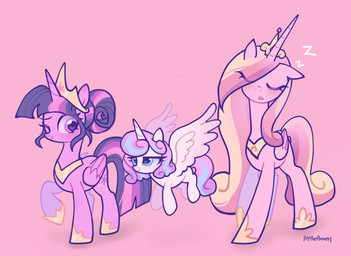 blush crown female feral group headgear horn one_eye_closed regalia simple_background sleeping trio wings wink petaltwinkle friendship_is_magic hasbro my_little_pony mythology flurry_heart_(mlp) princess_cadance_(mlp) twilight_sparkle_(mlp) equid equine mammal mythological_creature mythological_equine winged_unicorn hi_res
