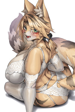 anthro armwear big_breasts blonde_hair blush breasts butt cleavage clothed clothing female fur green_eyes hair huge_breasts inner_ear_fluff legwear lingerie simple_background solo stockings tail topwear tuft underwear white_body white_fur naidong mihoyo zenless_zone_zero pulchra_fellini felid feline mammal thiren 2:3 absurd_res digital_media_(artwork) hi_res