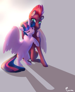 broken_horn duo eyes_closed female feral horn hug nuzzling simple_background wings maxiima friendship_is_magic hasbro my_little_pony my_little_pony:_the_movie_(2017) mythology tempest_shadow_(mlp) twilight_sparkle_(mlp) equid equine mammal mythological_creature mythological_equine unicorn winged_unicorn absurd_res hi_res