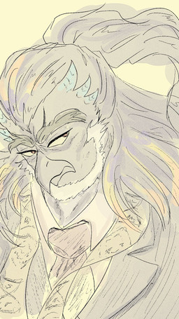 accessory anthro beard eyebrows facial_hair hair male necktie ponytail solo suit_jacket thick_eyebrows yellow_eyes tullys_dallies lifewonders tokyo_afterschool_summoners simurgh_(tas) avian 9:16 headshot_portrait hi_res portrait
