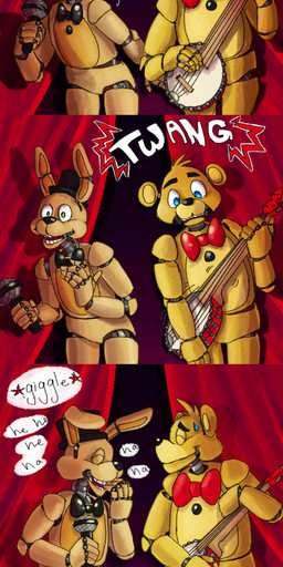 anthro banjo_(instrument) electronics embarrassed laugh machine male microphone musical_instrument plucked_string_instrument string_instrument yellow_body tristastrange01 five_nights_at_freddy's five_nights_at_freddy's_3 scottgames golden_freddy_(fnaf) shadow_bonnie_(fnaf) shadow_freddy_(fnaf) spring_bonnie_(fnaf) animatronic bear lagomorph leporid mammal rabbit robot robot_anthro 2015 absurd_res comic hi_res