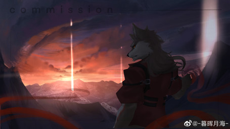 anthro brown_body brown_fur brown_hair clothed clothing cloud detailed_background fur hair long_hair looking_back male mountain mouth_closed outside rear_view red_clothing red_eyes red_topwear sky solo standing topwear unsigned white_body white_fur awaldkize canid mammal 16:9 4k absurd_res half-length_portrait hi_res portrait widescreen