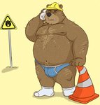 2021 anthro armor bear bodily_fluids brown_body brown_fur bulge clothing construction_worker eyes_closed fur hard_hat headgear helmet hi_res lynxplata male mammal overweight overweight_anthro overweight_male solo sweat underwear