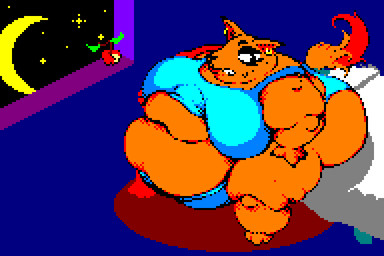 anthro apple bed bedroom big_breasts bodily_fluids bra breasts clothing ear_piercing ear_ring eyeliner female food fruit fur furniture huge_breasts immobile makeup mascara morbidly_obese night obese orange_body orange_fur overweight panties piercing plant ring_piercing solo sweat sweatdrop underwear worried worried_look bucklerparry canid canine fox mammal red_fox true_fox 3:2 digital_media_(artwork) pixel_(artwork)