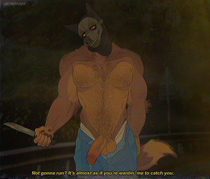 anthro balls balls_over_waistband bodily_fluids body_hair bottomwear bottomwear_down chest_hair clothed clothing genital_fluids genitals knife male mask outside pants pants_down partially_clothed partially_clothed_anthro partially_clothed_male penis precum solo text underwear vhs_filter wearing_mask astrayd0g mythology vhs hasil_(astrayd0g) canid canine mammal mythological_canine mythological_creature werecanid werecanine werecreature werewolf english_text hi_res