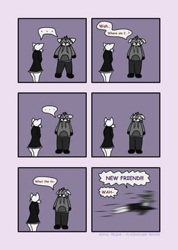 anthro bottomwear clothing coat dialogue duo fur hoodie male pants text topwear white_body white_fur royal_feline widgetwah prince_(royal_feline) widget_(widgetwah) ailurid domestic_cat felid feline felis mammal red_panda absurd_res comic greyscale hi_res monochrome