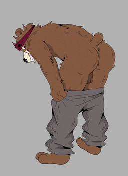 anthro back_muscles balls barefoot biceps big_butt black_eyes bottomwear bottomwear_down bottomwear_pull brown_body brown_fur butt butt_focus clothed clothing clothing_pull fangs feet fur genitals grey_background grey_bottomwear grey_clothing grey_pants grin grinning_at_viewer looking_at_viewer looking_back looking_back_at_viewer low-angle_view male manly mooning muscular muscular_anthro muscular_male pants pants_down pants_pull partially_clothed presenting presenting_hindquarters rear_view red_bandana red_clothing removing_pants simple_background smile smiling_at_viewer solo tail teeth thick_arms topless topless_anthro topless_male glassesdumpster bear brown_bear mammal ursine hi_res