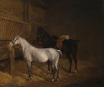 ambiguous_gender black_body black_fur duo eating feral fur halter hay hooves inside mane multicolored_body multicolored_fur open_mouth saddle snout stable standing tail white_body white_fur jacques-laurent_agasse equid equine horse mammal pony 1804 19th_century absurd_res ancient_art formal_art hi_res painting_(artwork) shaded signature soft_shading traditional_painting_(artwork)