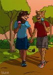 anthro black_nose black_sneakers blonde_hair blue_bottomwear blue_cargo_shorts blue_clothing blue_shirt blue_shorts blue_sneakers blue_t-shirt blue_topwear bottomwear brown_body brown_fur brown_hair brown_nose brown_sky cargo_shorts clothing dessert dirt dirt_path duo food footwear fur grass green_grass grey_bottomwear grey_cargo_shorts grey_clothing grey_shorts grey_sneakers hair hand_holding holding_food holding_ice_cream holding_ice_cream_cone holding_object ice_cream ice_cream_cone male male/male open_mouth pink_sneakers plant red_clothing red_shirt red_t-shirt red_topwear shadow shirt shoes shorts shrub sky smile sneakers socks striped_body striped_fur stripes t-shirt tan_body tan_fur teeth_showing tongue_showing topwear tree white_clothing white_footwear white_socks yellow_body yellow_fur yellow_sclera chikle rthur ratchet_and_clank sony_corporation sony_interactive_entertainment felid lion lombax mammal pantherine 2014 signature