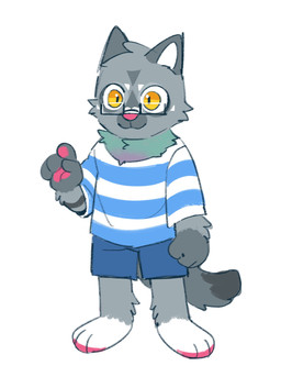 anthro blue_bottomwear blue_clothing blue_pants blue_topwear bottomwear cheek_tuft chibi closed_smile clothed clothing eyewear facial_tuft front_view fur glasses glistening glistening_eyes green_body green_fur grey_body grey_fur grey_tail head_tuft male mouth_closed pants pattern_clothing pattern_topwear pawpads pink_nose pink_pawpads pupils rectangular_glasses simple_background slit_pupils smile solo standing striped_clothing striped_topwear stripes tail topwear tuft unsigned white_background white_clothing white_topwear asnnonaka canid canine canis domestic_dog mammal full-length_portrait hi_res portrait