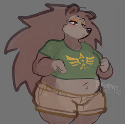 anthro belly belly_tuft black_nose blush blush_stickers bottomwear brown_body brown_eyebrows brown_hair cargo_shorts closed_frown clothing crop_top eyebrows eyelashes female freckled_face freckles frown gloves_(marking) green_clothing green_crop_top green_shirt green_t-shirt green_topwear grey_background hair half-closed_eyes long_hair markings mouth_closed multicolored_body narrowed_eyes navel orange_eyeshadow overweight overweight_anthro overweight_female pawpads pointy_nose quill_hair shirt shorts simple_background snout solo t-shirt three-quarter_view topwear triforce_shirt tuft white_belly white_body white_face wide_hips barndrg13 animal_crossing nintendo sable_able eulipotyphlan hedgehog mammal 2026 hi_res portrait signature three-quarter_portrait