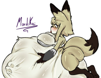 abdominal_bulge ambiguous_gender ambiguous_prey anthro belly belly_grab big_belly big_breasts big_butt big_ears black_body bottomless bra breasts butt clothed clothing countershade_belly countershade_breasts countershading dipstick_tail female female_pred fur glistening glistening_body glistening_breasts gloves hair handwear huge_belly hyper hyper_belly leg_markings lying markings on_front orange_eyes overweight overweight_female prey_outline shortstack shortstack_female side_view simple_background socks_(marking) solo struggling struggling_prey tail tail_markings tan_body tan_fur underwear vore white_background mordikai atlyss canid canine fox mammal poon_(atlyss) 2026 digital_drawing_(artwork) digital_media_(artwork) hi_res